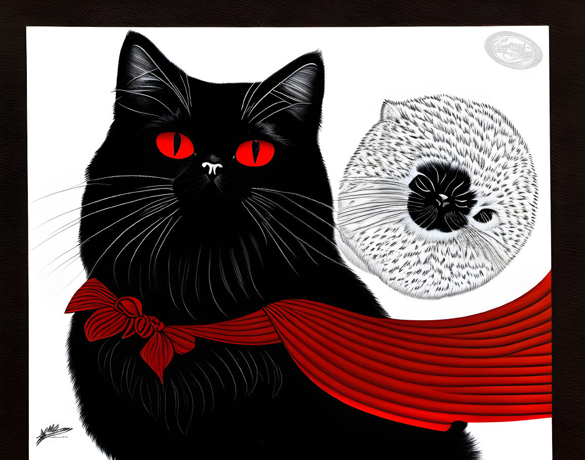 Illustration of black cat with red eyes and bow tie next to detailed hedgehog drawing