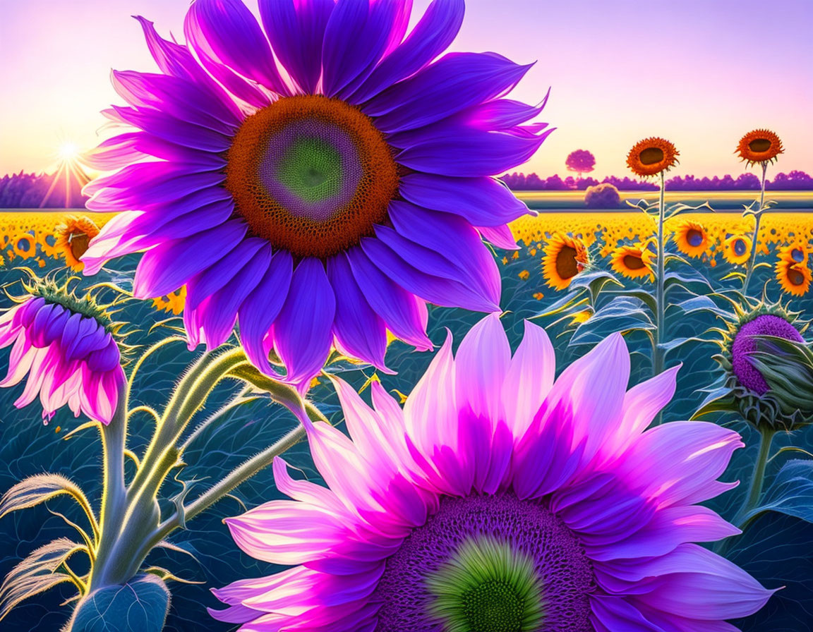 Sunflower Field Sunset Scene with Detailed Blossoms and Colorful Sky