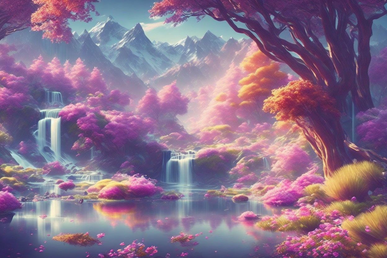 Tranquil fantasy landscape with pink foliage, waterfalls, lakes, and snow-capped mountains