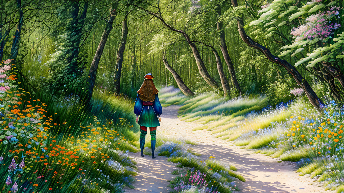 Person in Blue Coat Walking Through Lush Forest Path