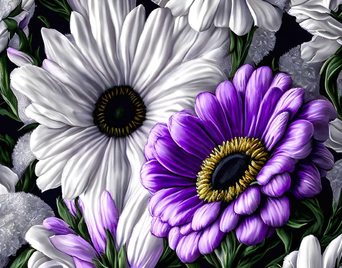 Detailed Close-Up of White and Purple Daisy Flowers