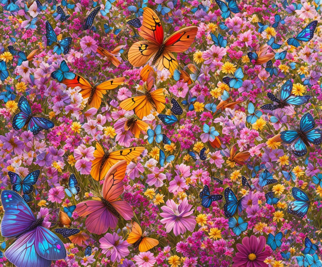 Multicolored flowers with butterflies fluttering above