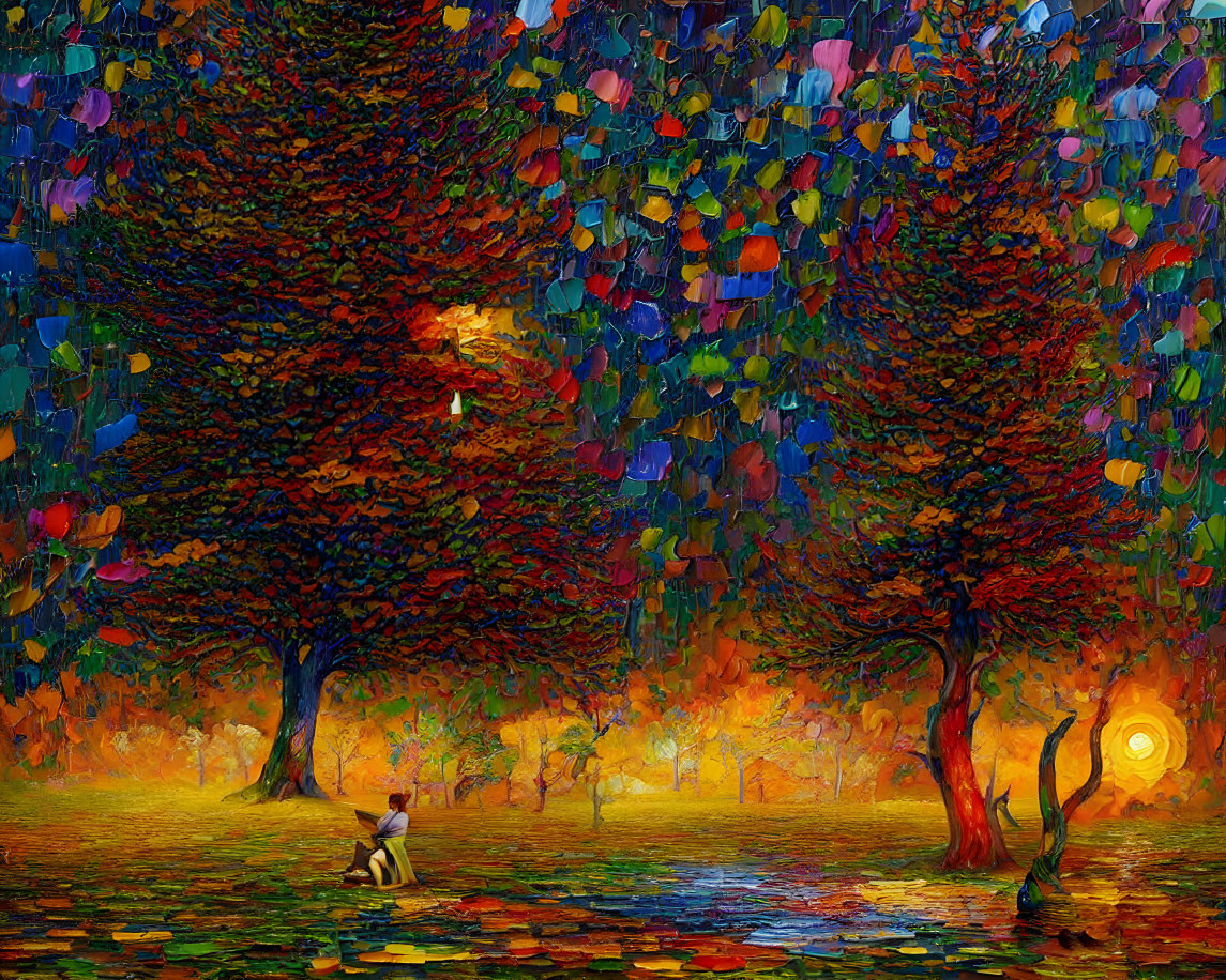 Colorful autumn forest scene with person under tree and low sun horizon.