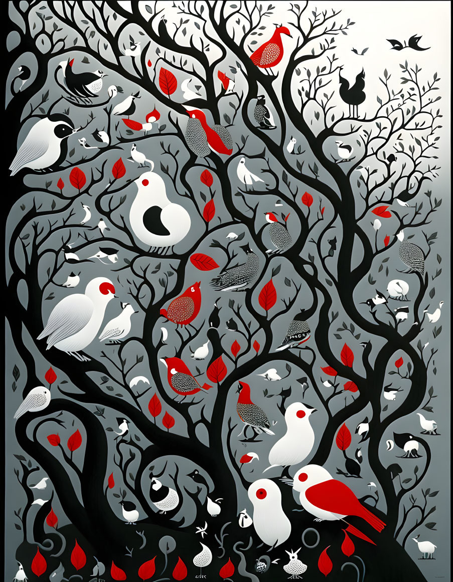 Monochromatic tree illustration with birds, animals, and insects