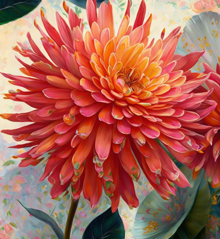 Detailed red-orange dahlia against multicolored background