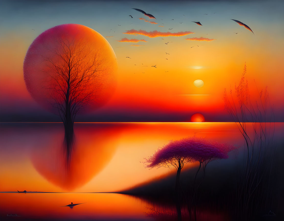 Colorful sunset with surreal moon, lone tree silhouette, birds, and tall grasses by calm lake