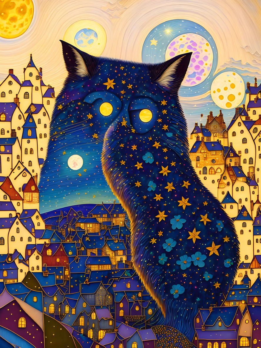 Star-Patterned Cat in Surreal Night Sky Village