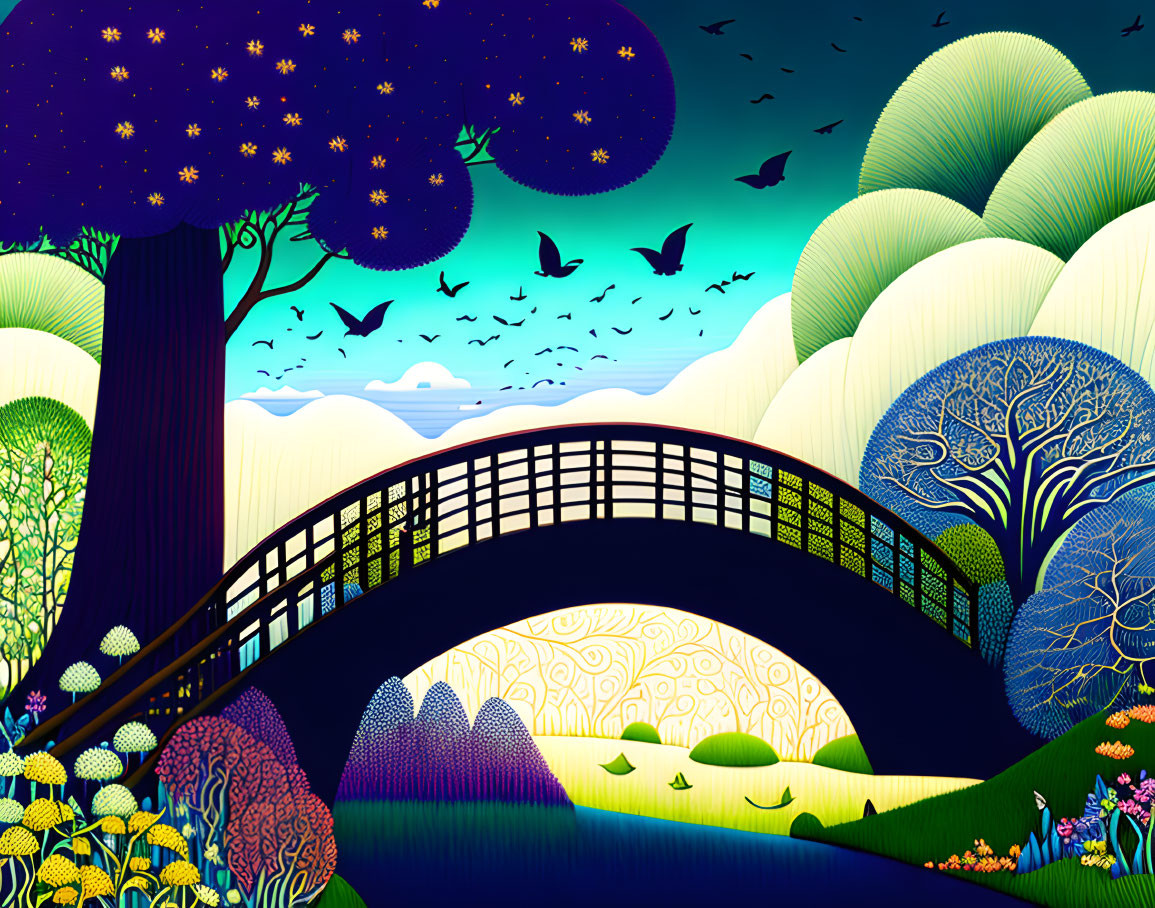 Colorful Stylized Landscape: Bridge, River, Flora, Trees, Birds, Starry