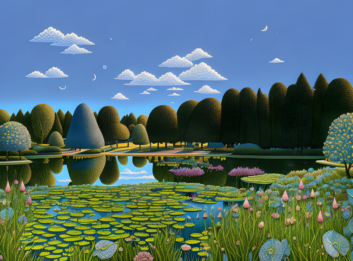 Digital Artwork: Stylized Landscape with Topiary Trees and Reflective Pond