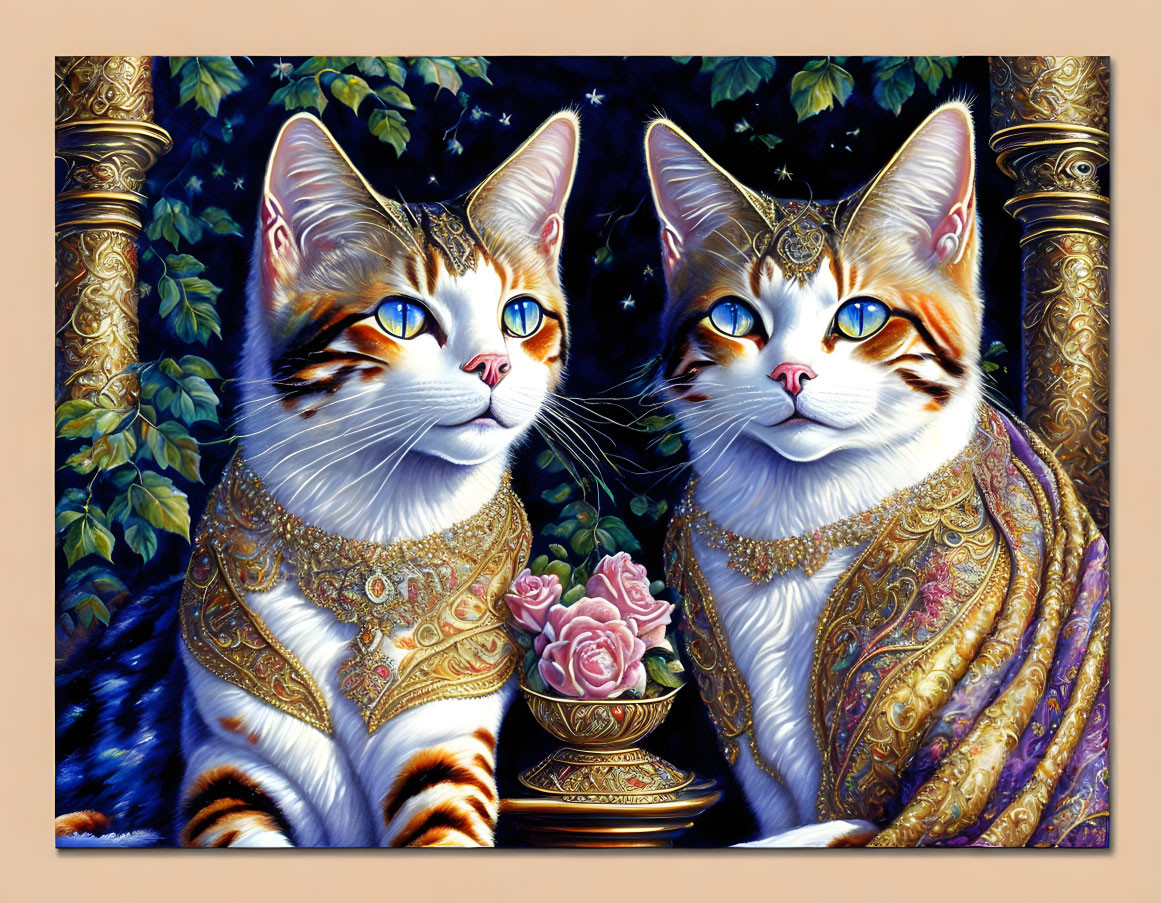 Regal cats in ornate attire with pink roses in palatial scene