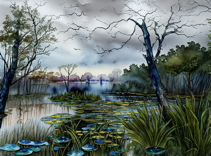 Misty lake watercolor landscape with water lilies and trees