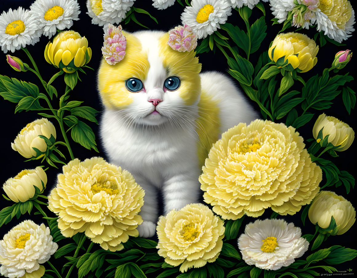 White Cat with Blue and Green Eyes Among Yellow Peonies and White Daisies