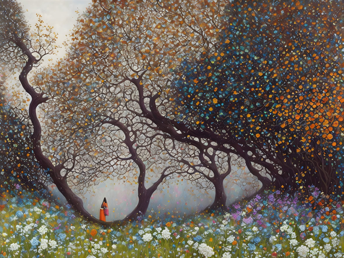 Person in Red Cloak in Whimsical Forest with Colorful Trees and Wildflowers