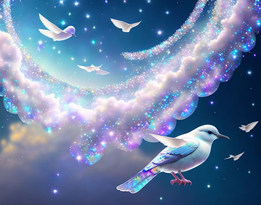 Fantastical image of white doves in starry, nebula-filled sky