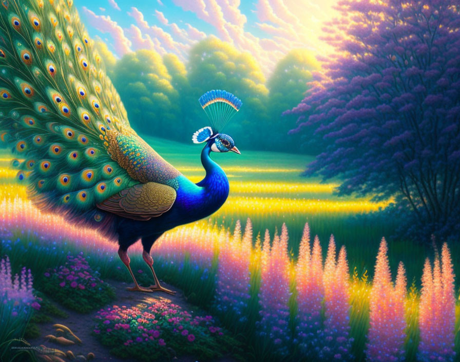 Colorful peacock with magnificent tail in flower-filled meadow.