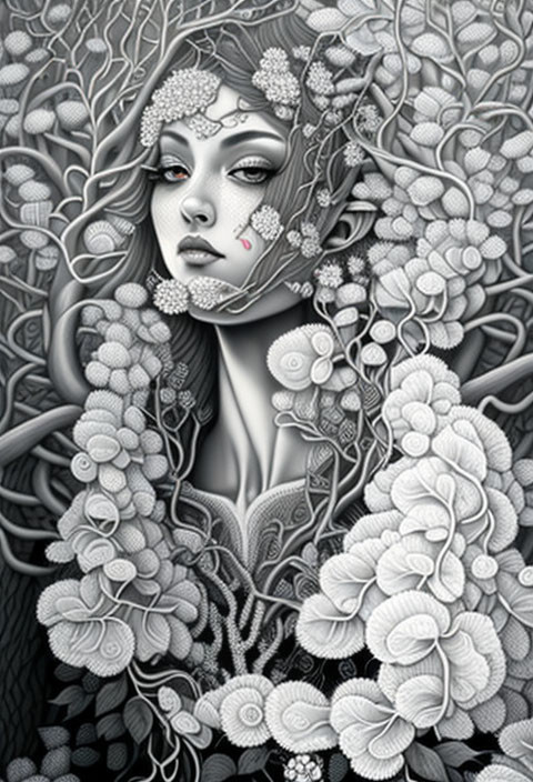 Monochromatic woman's face with floral elements in serene nature theme.