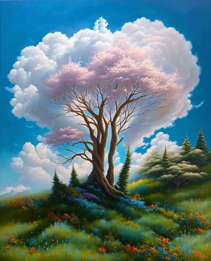 Majestic tree with pink foliage in vibrant painting