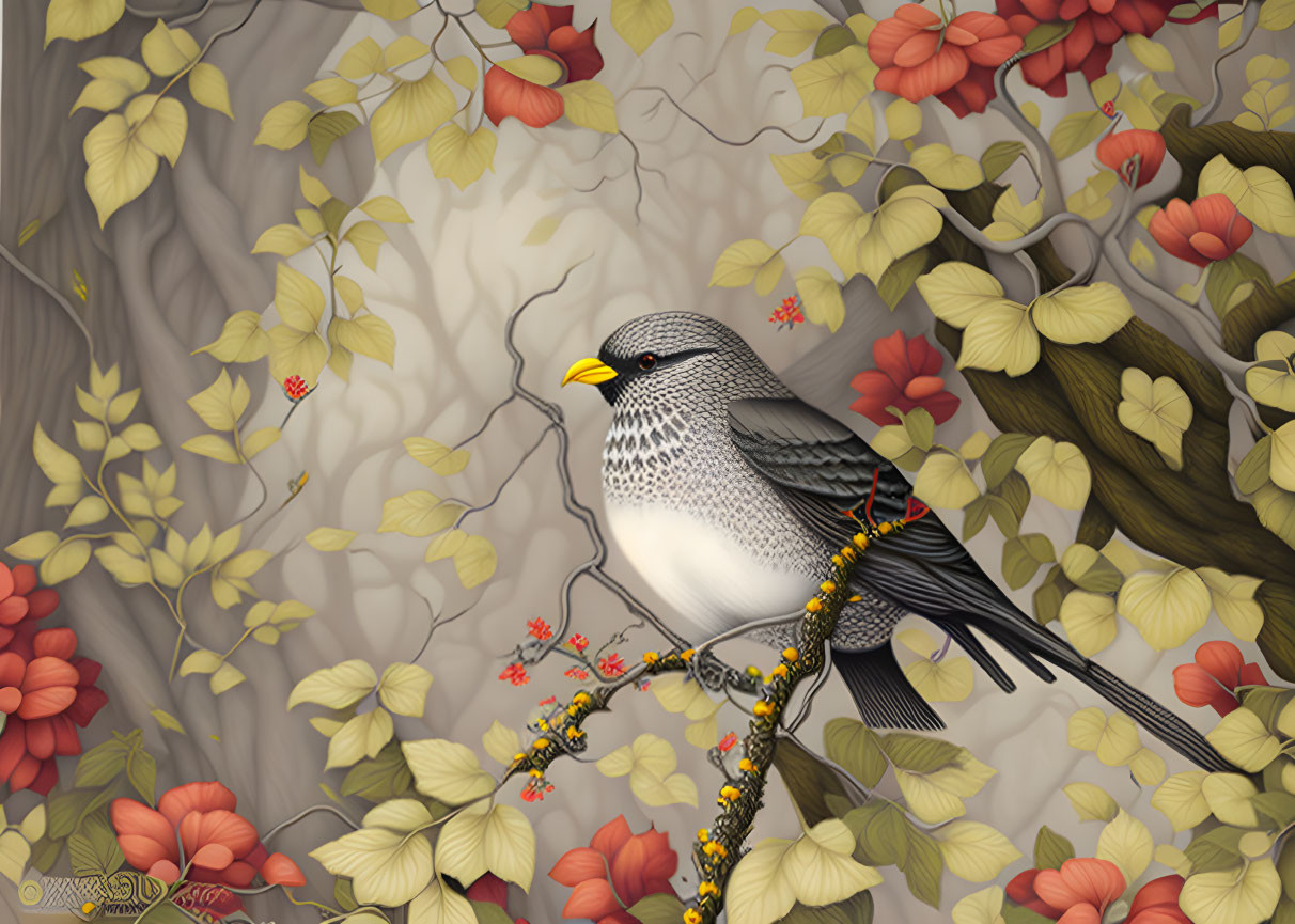 Patterned bird on branch among autumn leaves and red flowers on beige backdrop