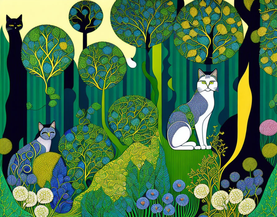 Colorful Camouflaged Cats in Fantastical Forest Scene