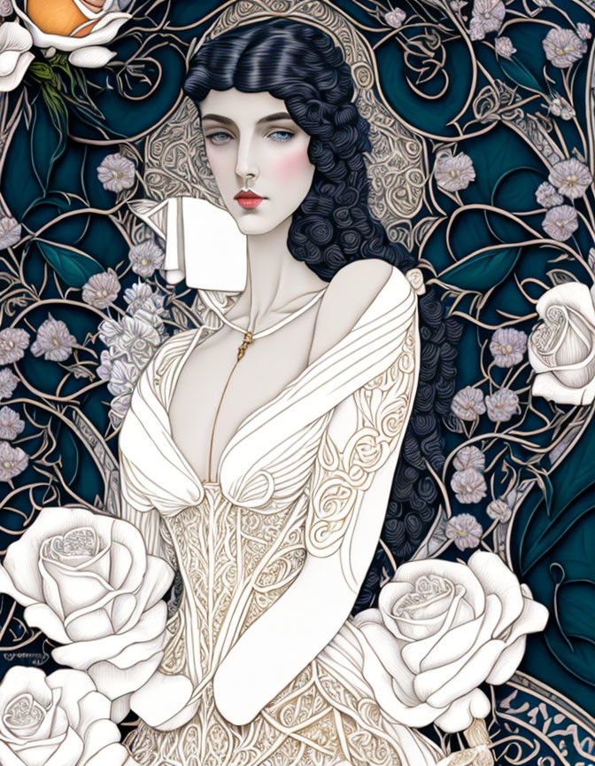 Illustration of pale-skinned woman in white dress with gold patterns, black curly hair, amidst floral