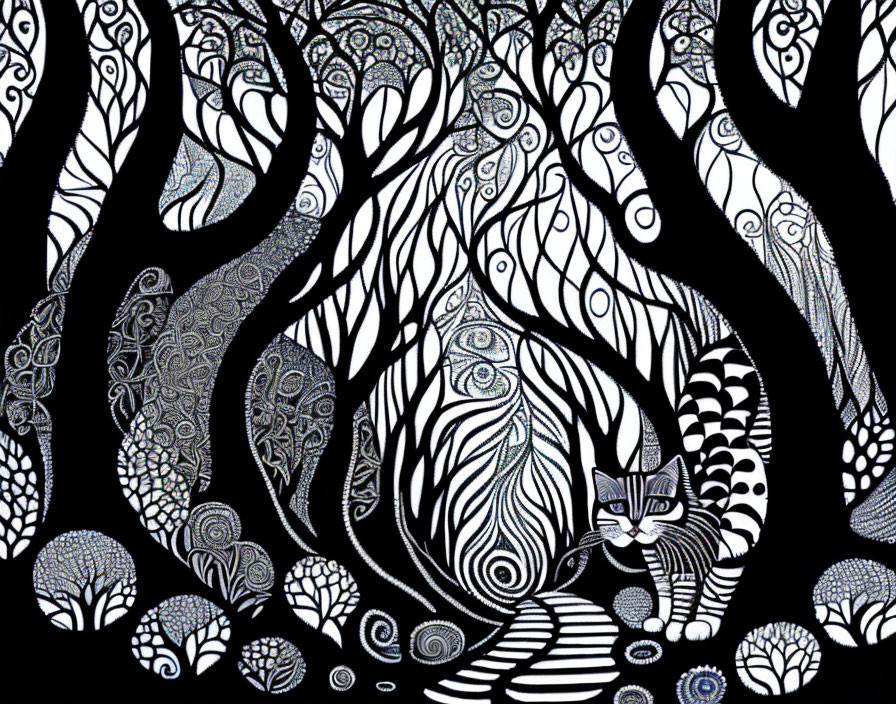 Detailed black and white forest illustration with swirling patterns and hidden cat