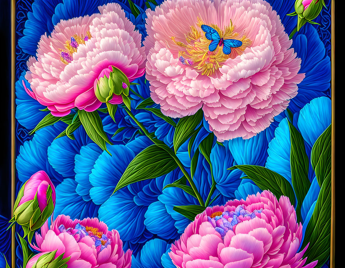 Colorful digital artwork featuring pink peonies, blue flowers, and a butterfly on dark background.