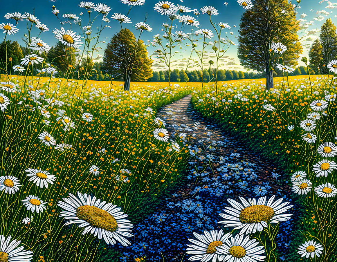 Sunlit wildflower meadow painting with trees and path under blue sky