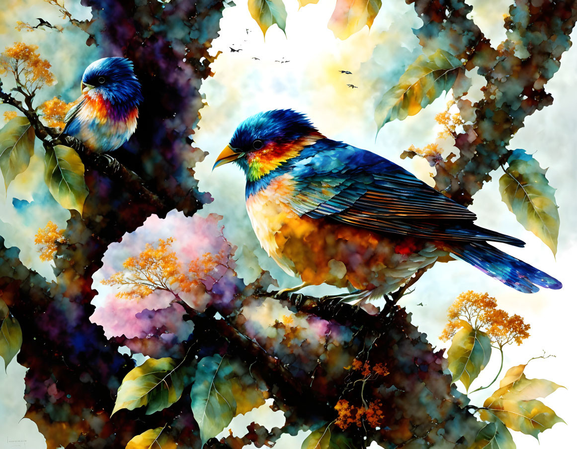 Colorful Birds Perched on Branches in Watercolor Style