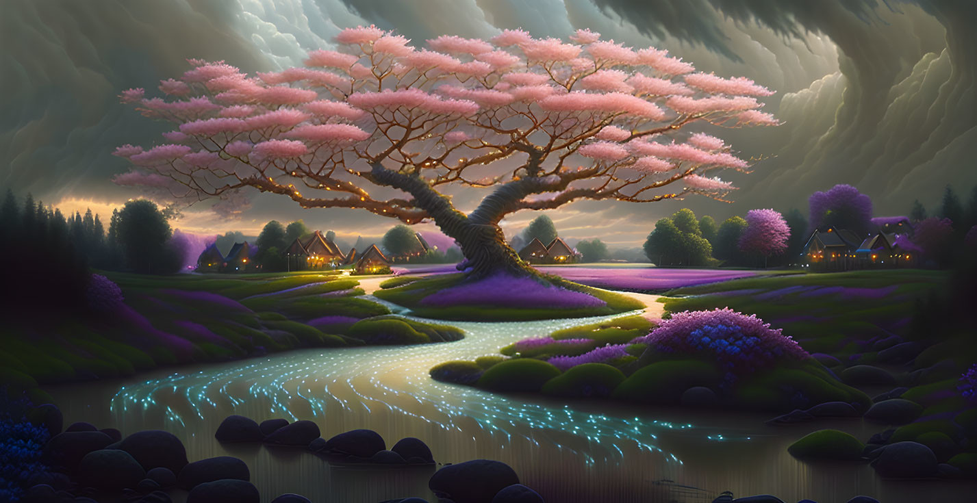 Majestic cherry blossom tree in serene fantasy landscape