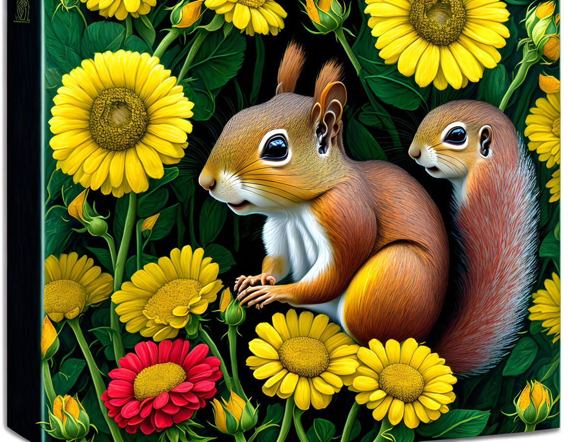 Vibrant sunflowers and daisies with two squirrels on black background