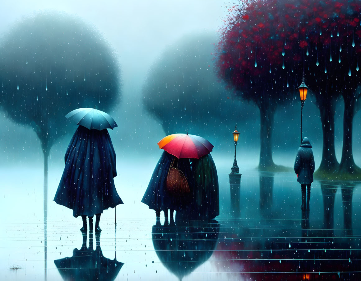 Rainy street scene with three people holding umbrellas under lampposts, trees, and wet