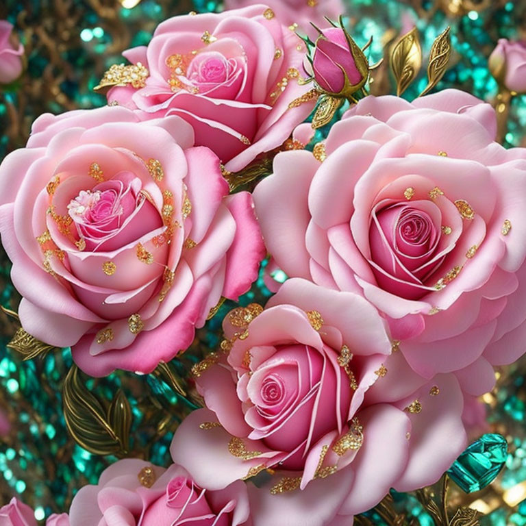 Pink Roses with Golden Accents on Teal Background with Gold Leaf Embellishments