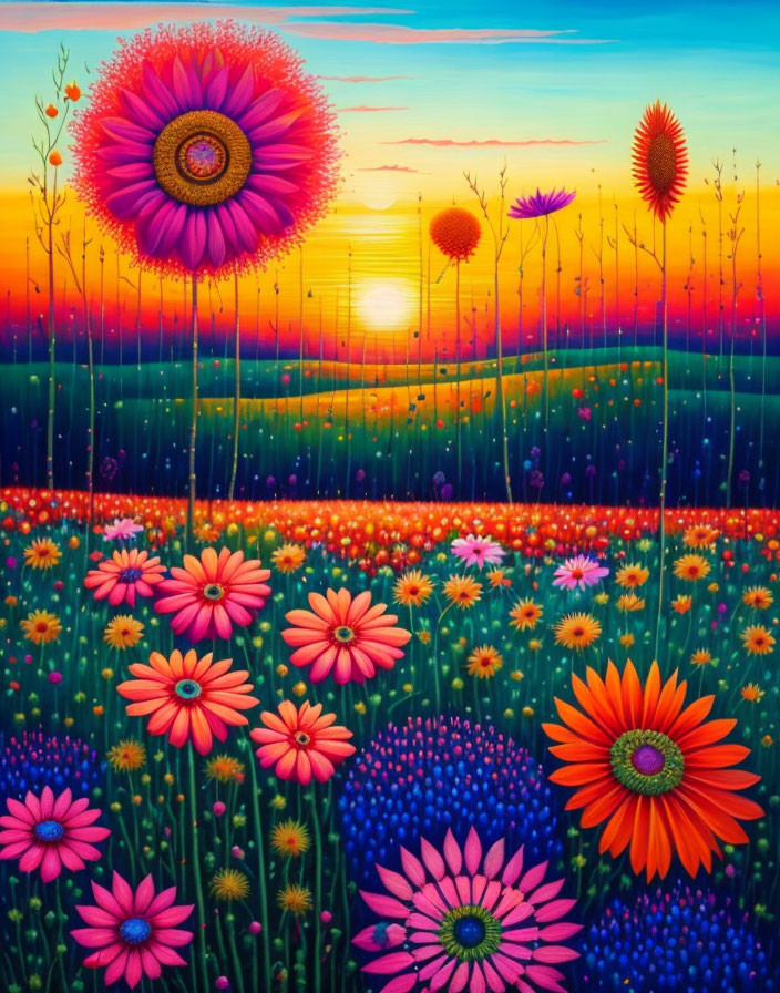 Colorful Field of Flowers Under Sunset Sky with Sun's Rays