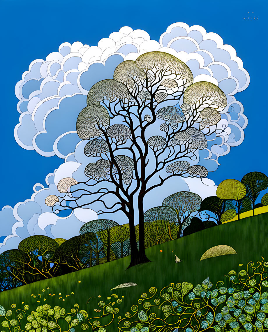 Detailed Tree Artwork Against Blue Sky and Green Hills