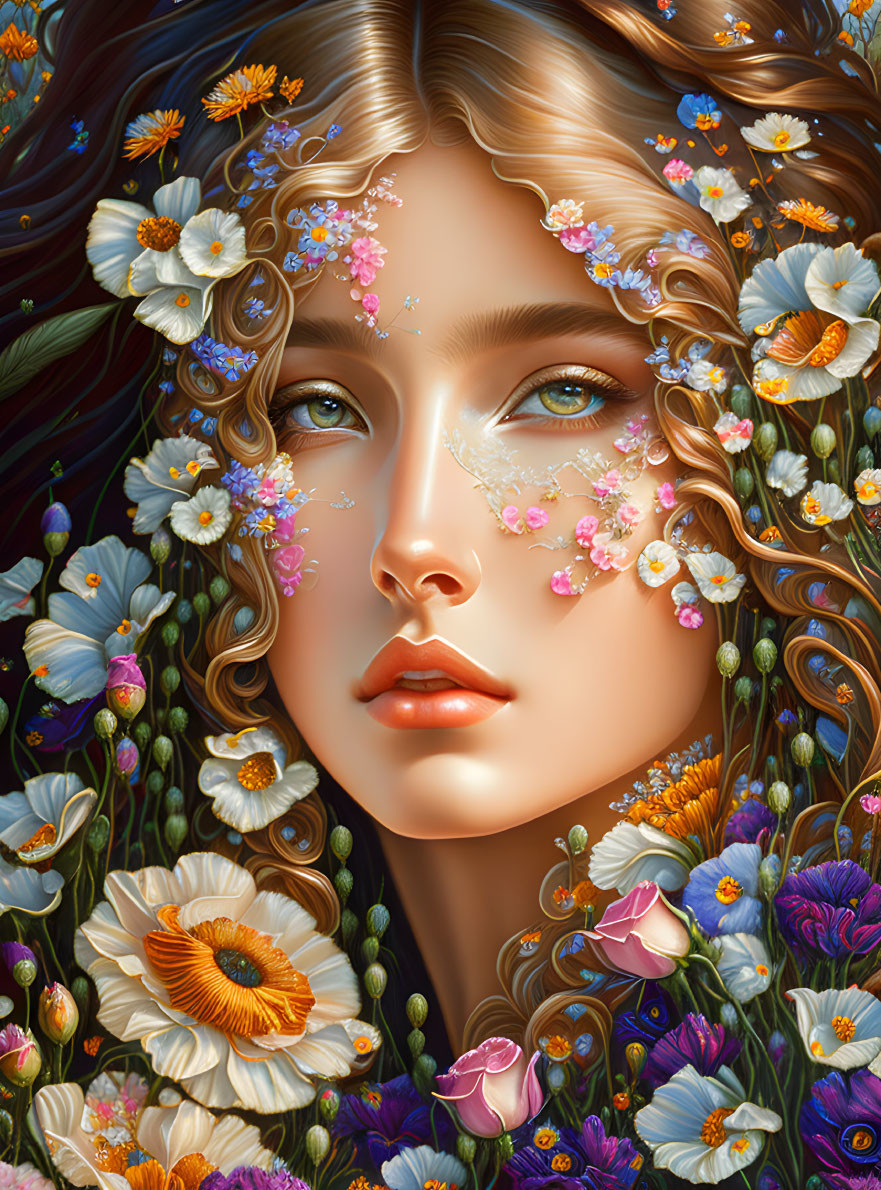 Detailed Portrait of Woman with Floral Elements and Vibrant Colors