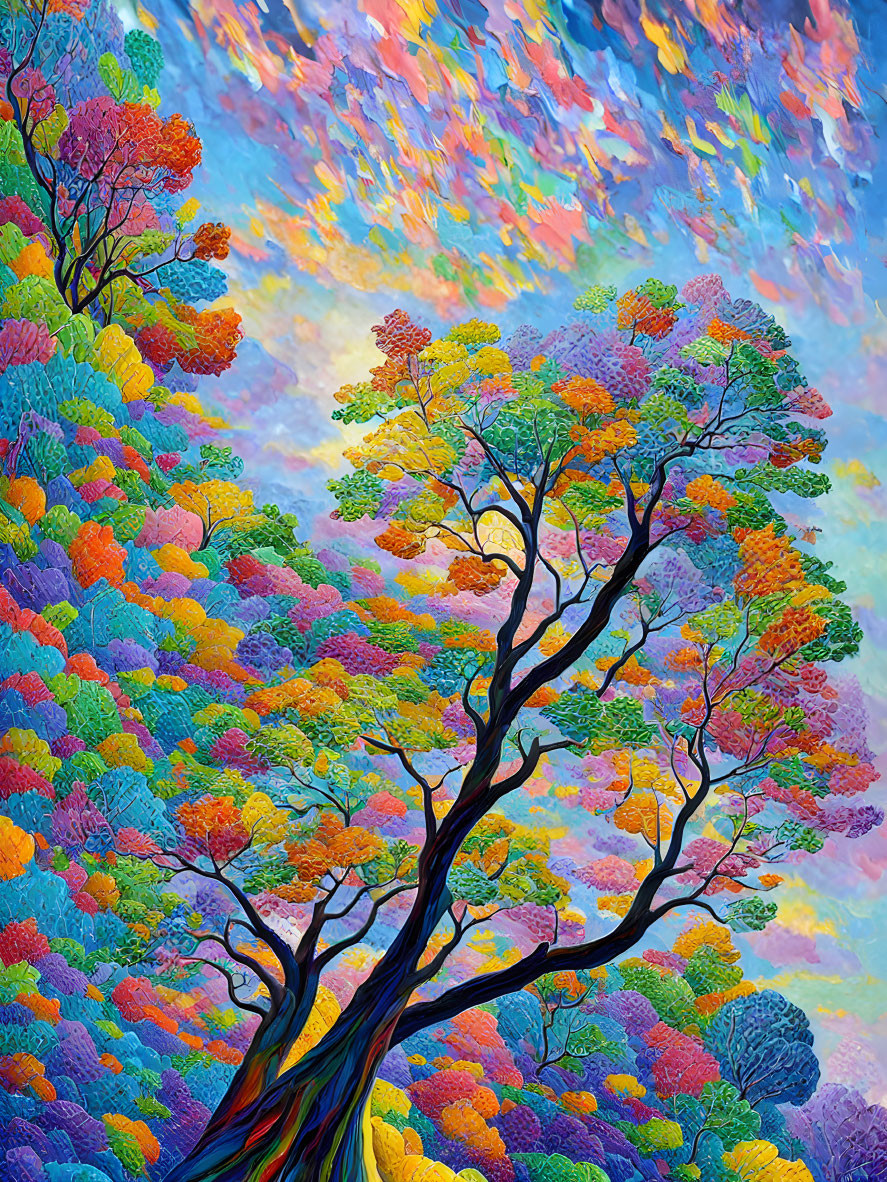 Colorful painting: Vibrant tree with multi-colored foliage under expressive sky