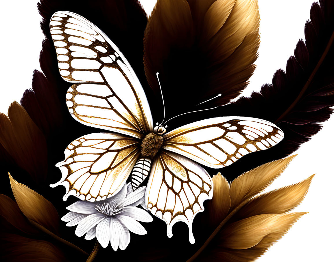 White and Gold Butterfly on Flower Against Brown Feathers