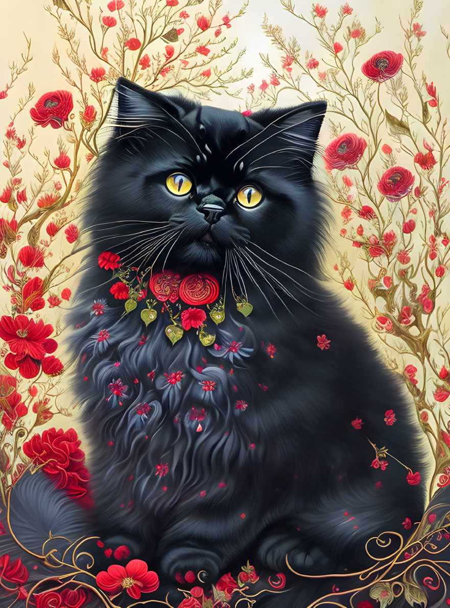 Majestic black cat with yellow eyes among red flowers and gold patterns