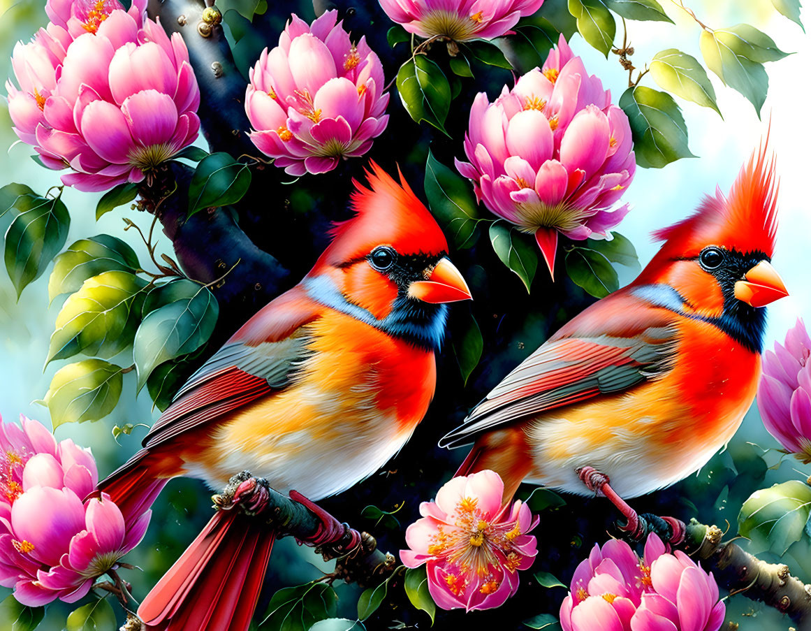 Vibrant Northern Cardinals on branch with pink flowers