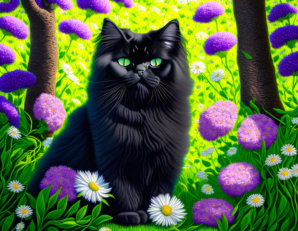 Black Cat with Green Eyes in Colorful Garden with Purple Flowers