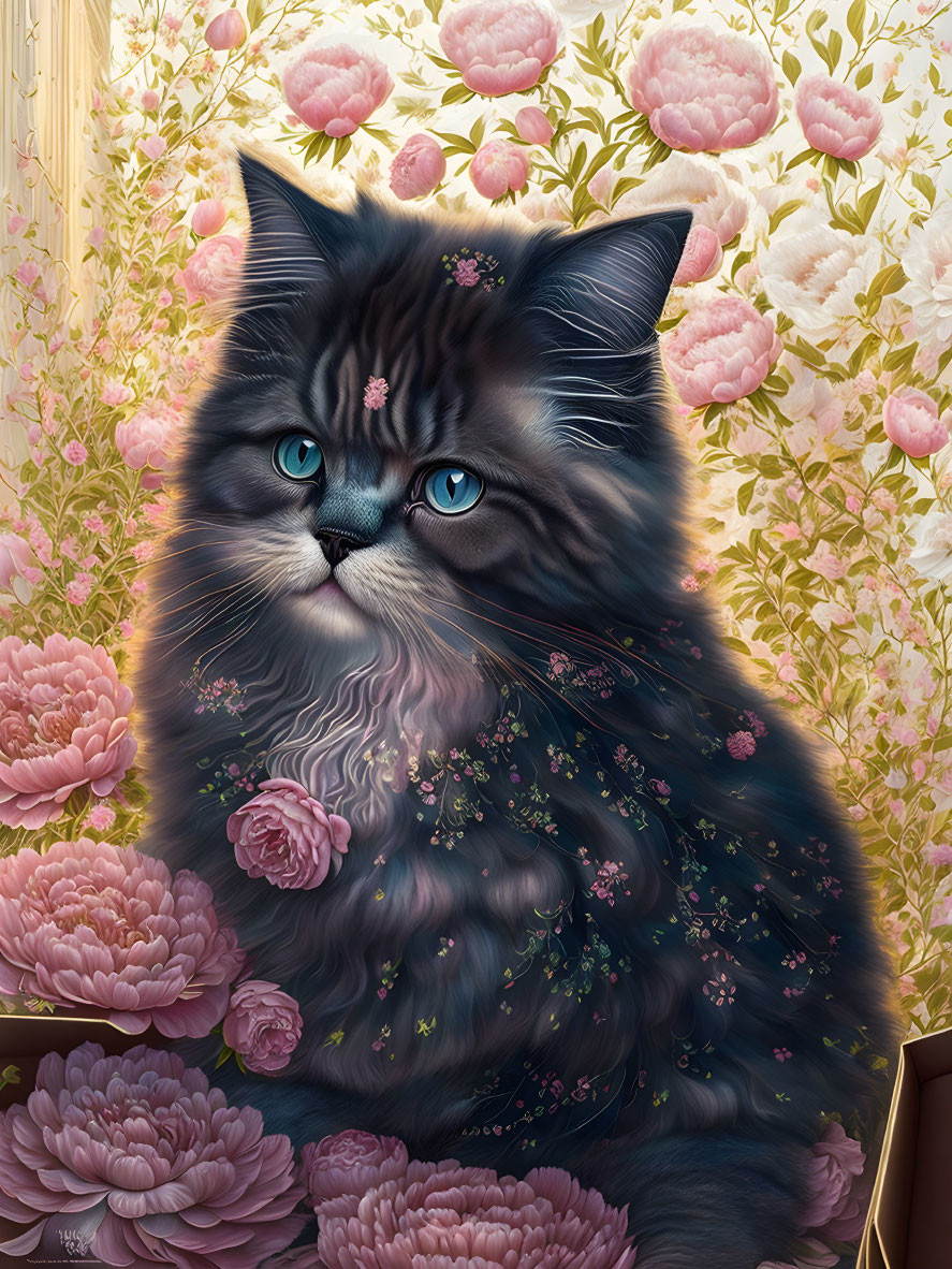 Fluffy cat with blue eyes in pink and peach peonies landscape