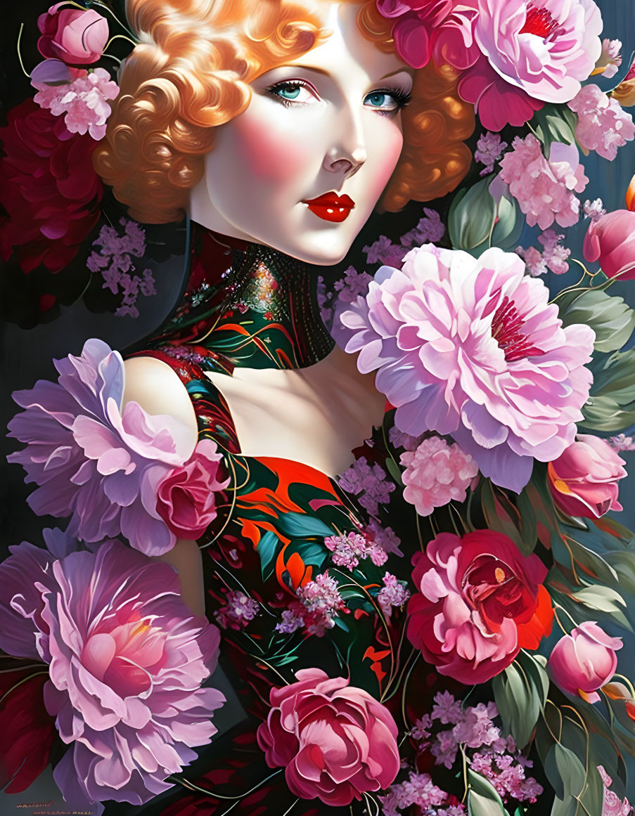 Woman with Curly Hair Surrounded by Vibrant Flowers and Red Accents