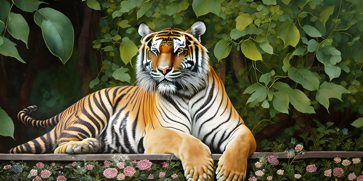 Majestic tiger resting among vibrant flowers and lush greenery