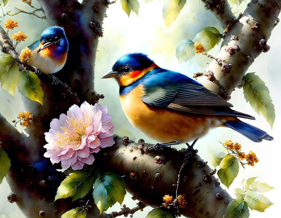 Colorful birds on blooming branches in soft light