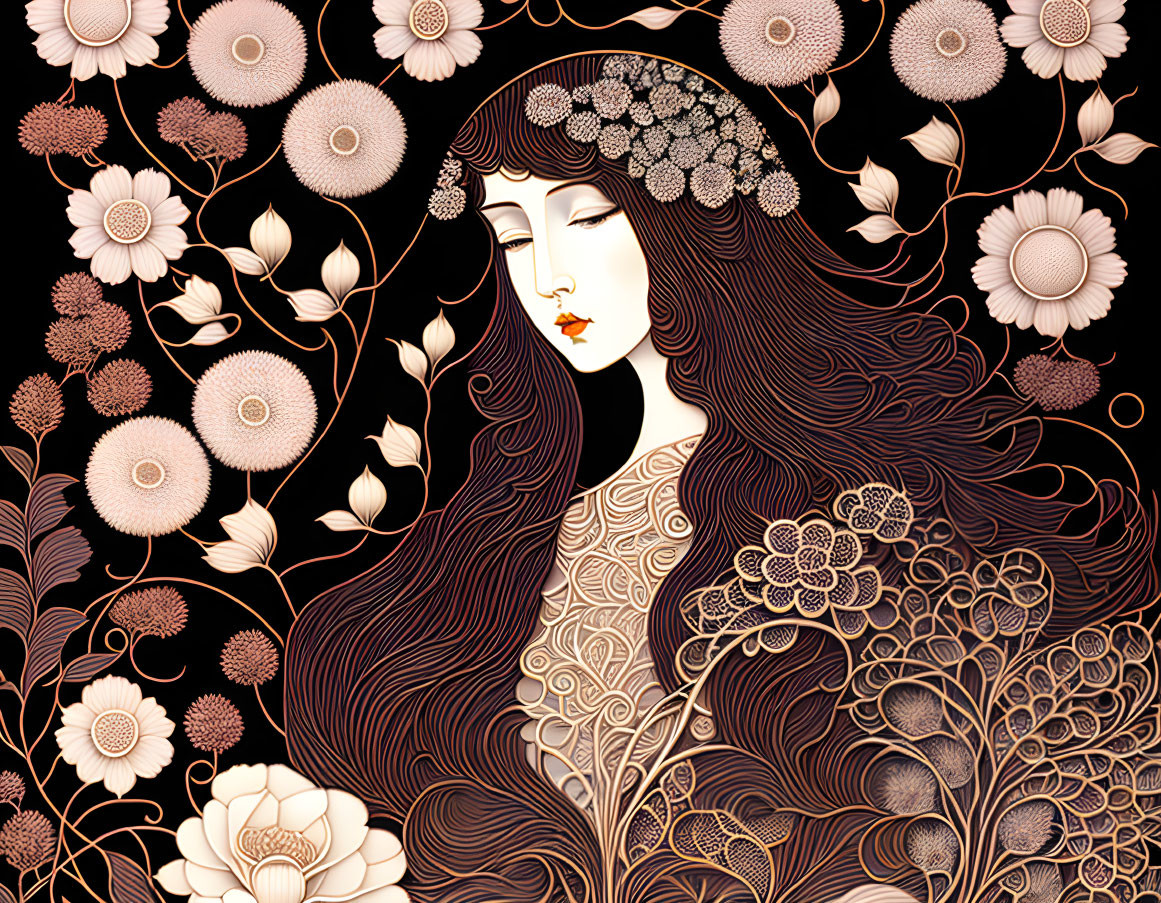 Detailed illustration of woman with long hair in floral setting