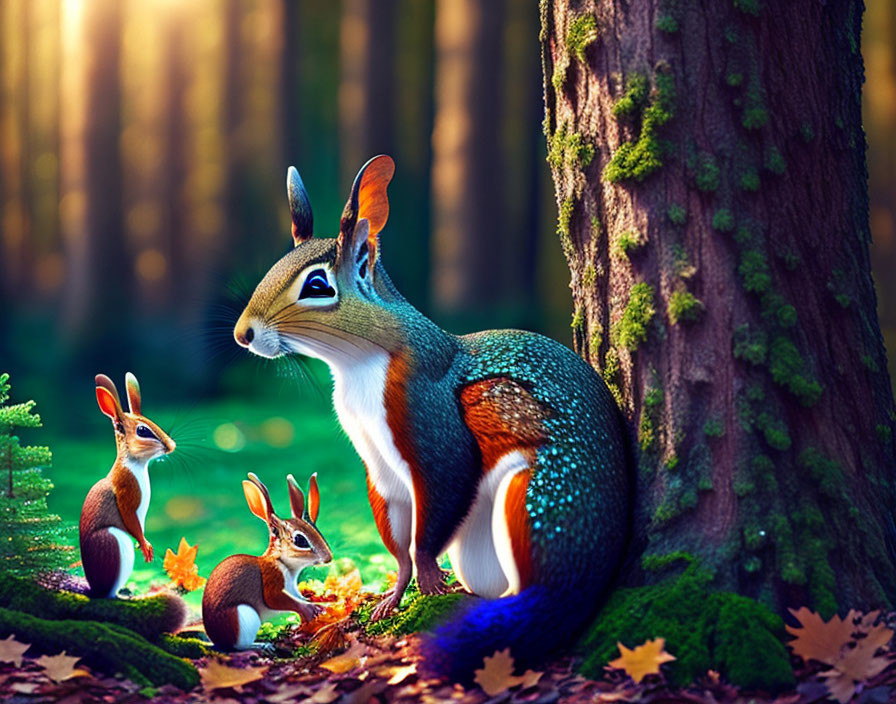 Stylized squirrels in autumn forest with sunbeams