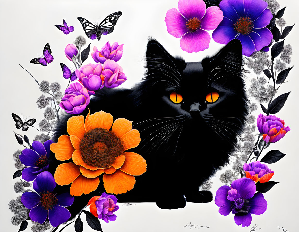 Black Cat with Orange Eyes, Flowers, and Butterflies on White Background