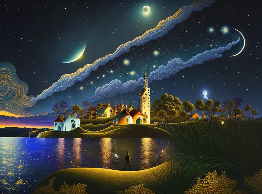 Vibrant village under multiple crescent moons in starry night landscape