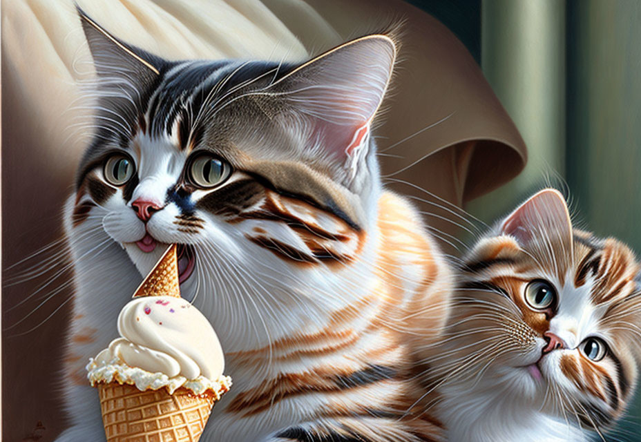 Vivid Fur Patterns on Two Cats with Ice Cream Cone