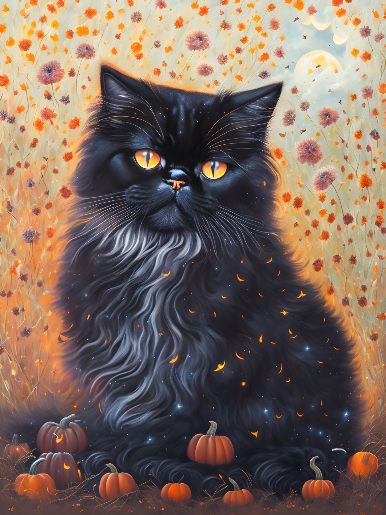 Fluffy black cat surrounded by pumpkins and orange flowers